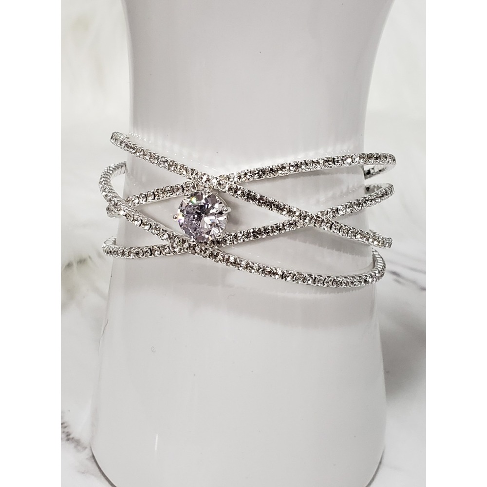 NEW Cubic Zirconia Cuff Bracelet crystal avenue white silver tone prom wedding